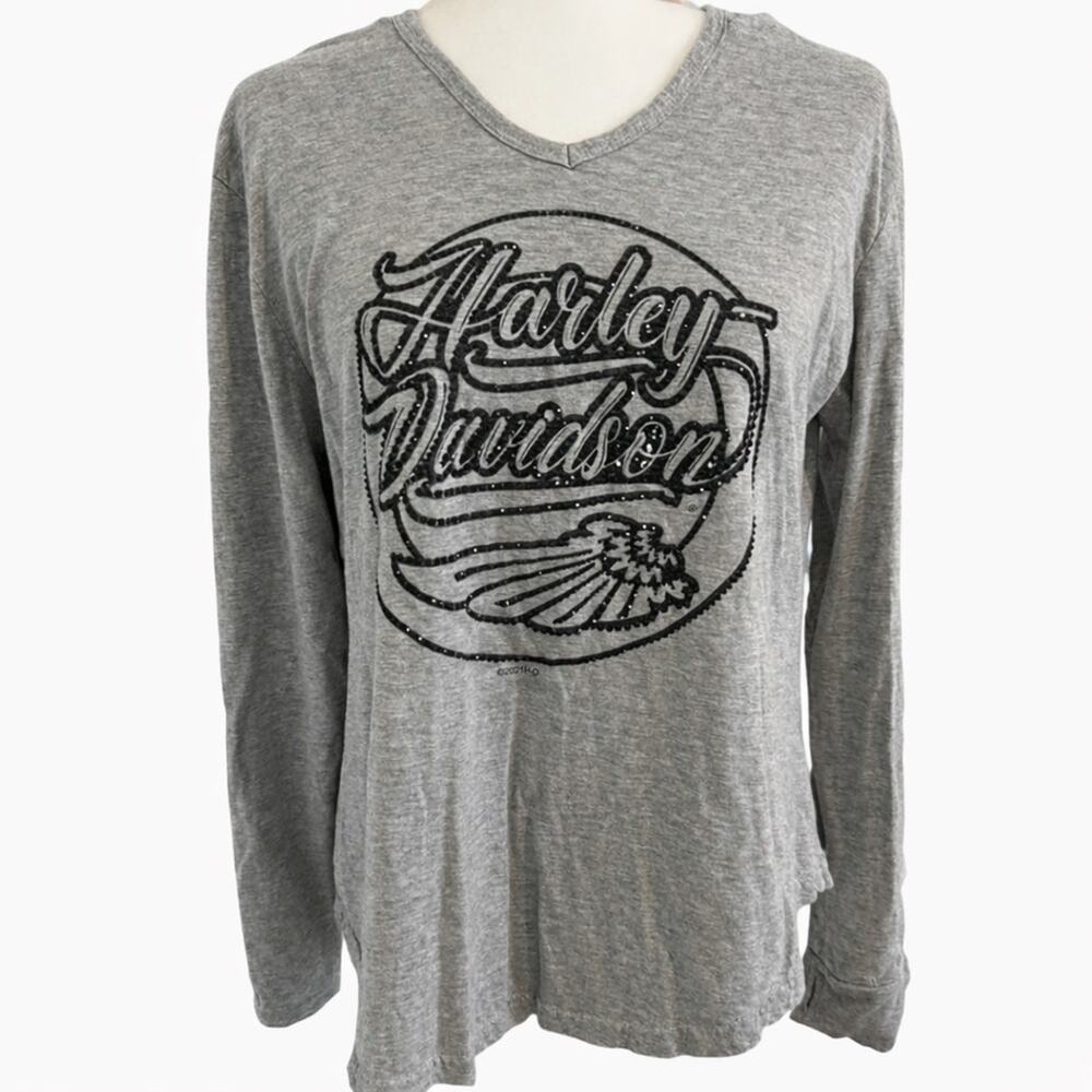 Harley-Davidson Women’s XL Hooded Long Sleeve Tee Gray V-Neck Bling Logo